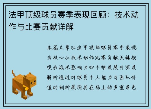 法甲顶级球员赛季表现回顾：技术动作与比赛贡献详解
